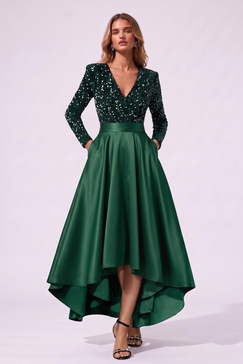 A-Line High-Low Satin Special Occasion Dress CS1106 - Hunter Green - COCOMELODY